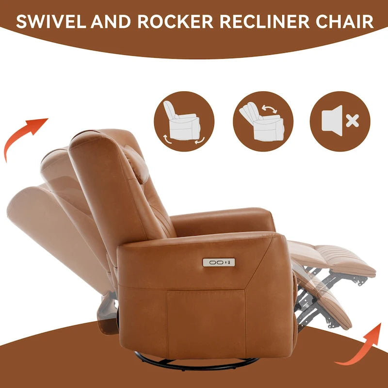 Fauteuil inclinable électrique pivotant et à bascule en similicuir, fauteuil inclinable moderne à une place avec oreiller de soutien lombaire et cervical, ports USB et Type-C
