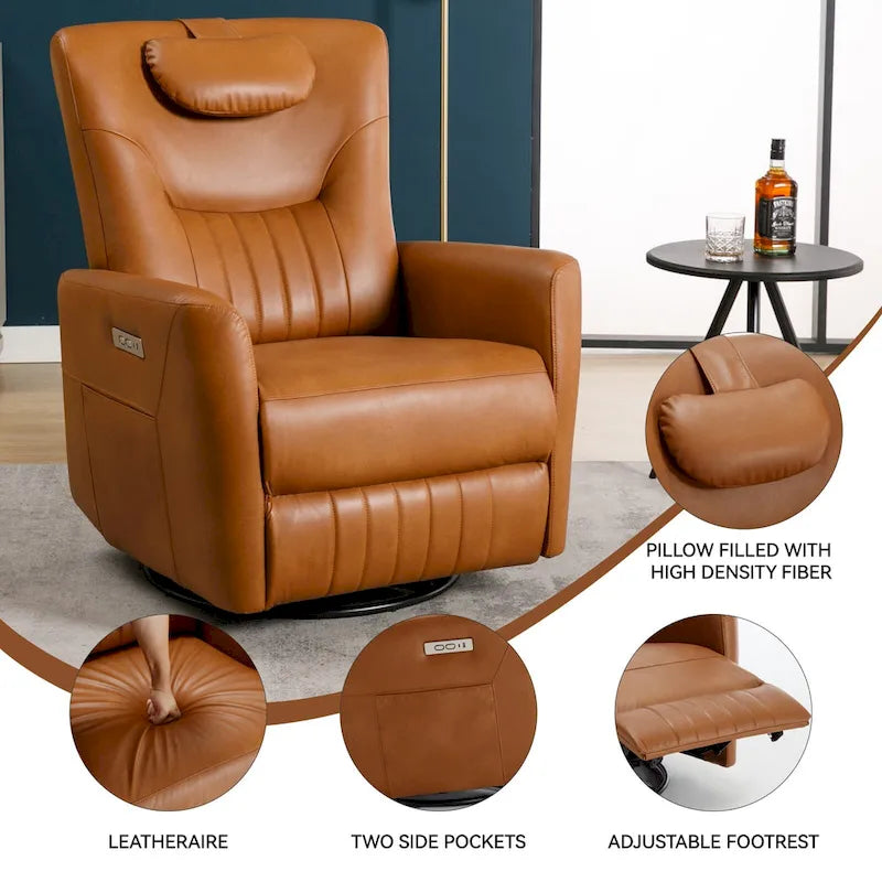 Fauteuil inclinable électrique pivotant et à bascule en similicuir, fauteuil inclinable moderne à une place avec oreiller de soutien lombaire et cervical, ports USB et Type-C
