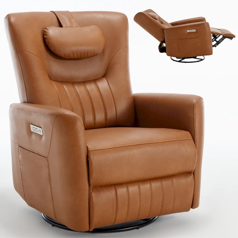 Fauteuil inclinable électrique pivotant et à bascule en similicuir, fauteuil inclinable moderne à une place avec oreiller de soutien lombaire et cervical, ports USB et Type-C