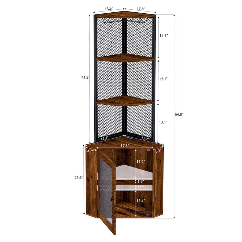 Étagère d'angle avec portes, Meuble d'angle 65 avec étagères et support à verres à vin, Étagères d'angle bibliothèque à 6 niveaux