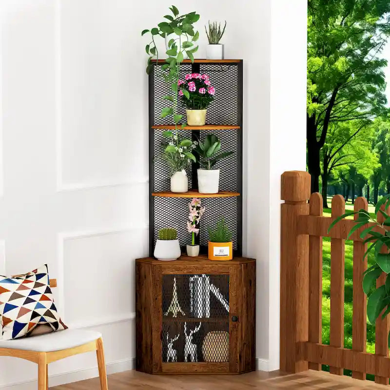 Étagère d'angle avec portes, Meuble d'angle 65 avec étagères et support à verres à vin, Étagères d'angle bibliothèque à 6 niveaux