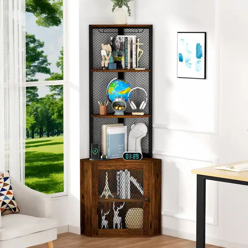 Étagère d'angle avec portes, Meuble d'angle 65 avec étagères et support à verres à vin, Étagères d'angle bibliothèque à 6 niveaux