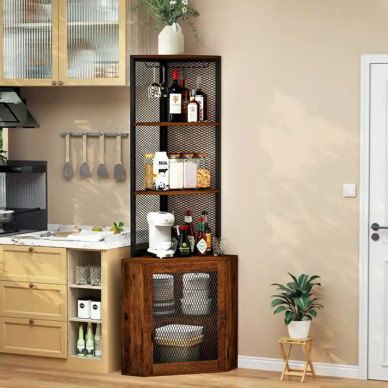 Étagère d'angle avec portes, Meuble d'angle 65 avec étagères et support à verres à vin, Étagères d'angle bibliothèque à 6 niveaux