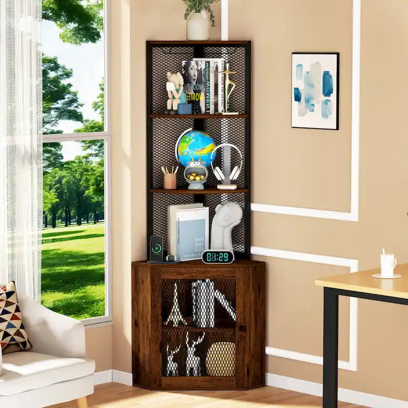 Étagère d'angle avec portes, Meuble d'angle 65 avec étagères et support à verres à vin, Étagères d'angle bibliothèque à 6 niveaux