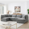 Canapé modulaire en L en tissu chenille avec pouf mobile