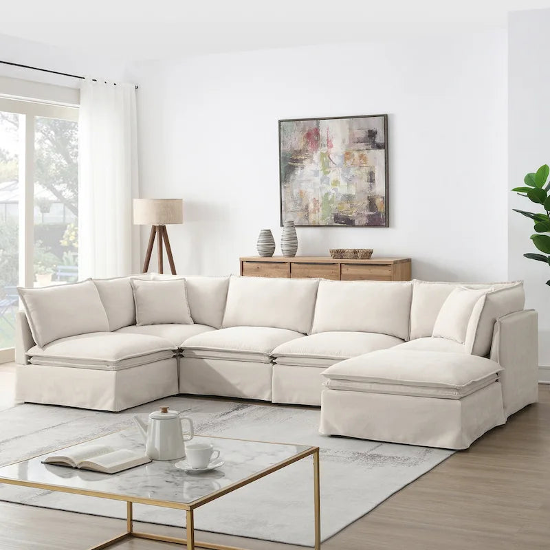 L Shaped Modular Sectional Chenille Sofa with Movable Ottoman