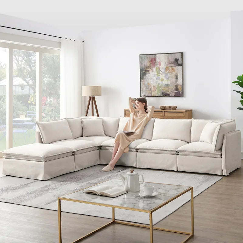 Canapé modulaire en L en tissu chenille avec pouf mobile