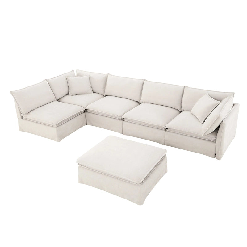 Canapé modulaire en L en tissu chenille avec pouf mobile