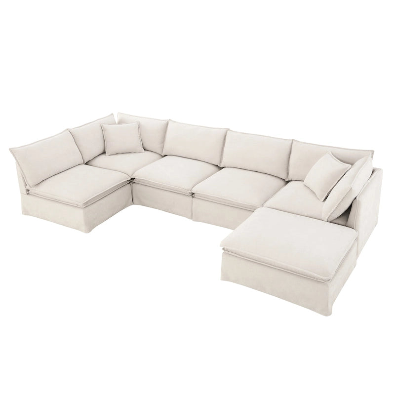 Canapé modulaire en L en tissu chenille avec pouf mobile