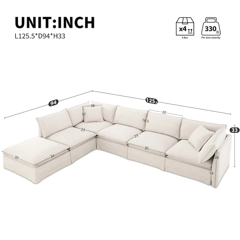 Canapé modulaire en L en tissu chenille avec pouf mobile