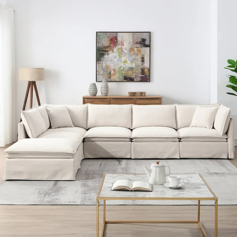 Canapé modulaire en L en tissu chenille avec pouf mobile