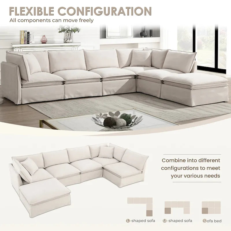 Canapé modulaire en L en tissu chenille avec pouf mobile