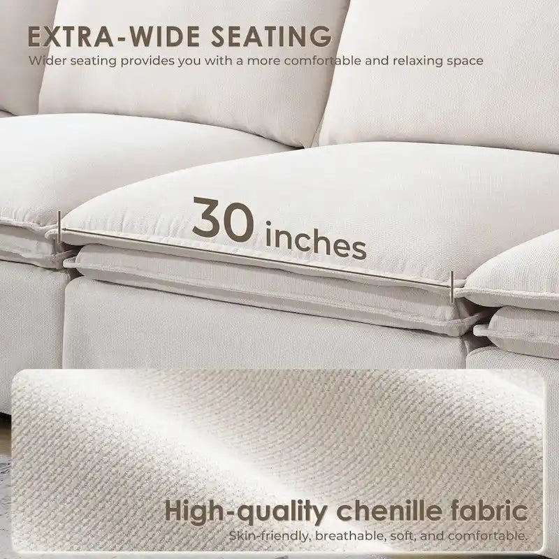 Canapé modulaire en L en tissu chenille avec pouf mobile