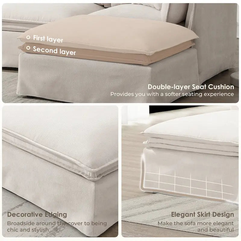 Canapé modulaire en L en tissu chenille avec pouf mobile