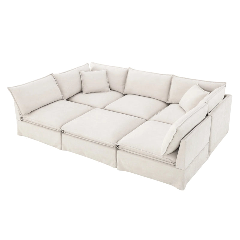Canapé modulaire en L en tissu chenille avec pouf mobile