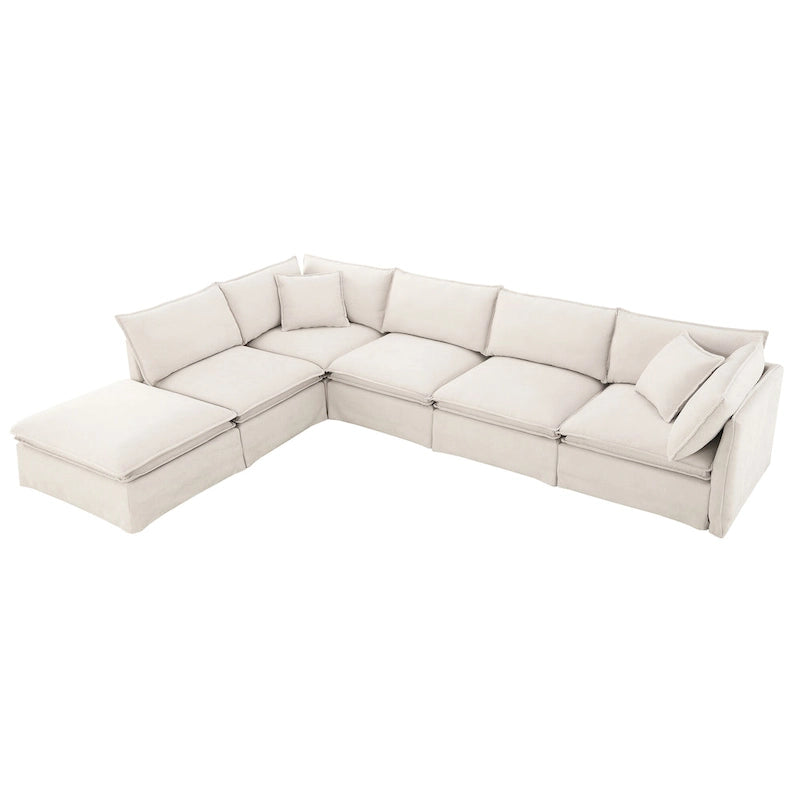Canapé modulaire en L en tissu chenille avec pouf mobile