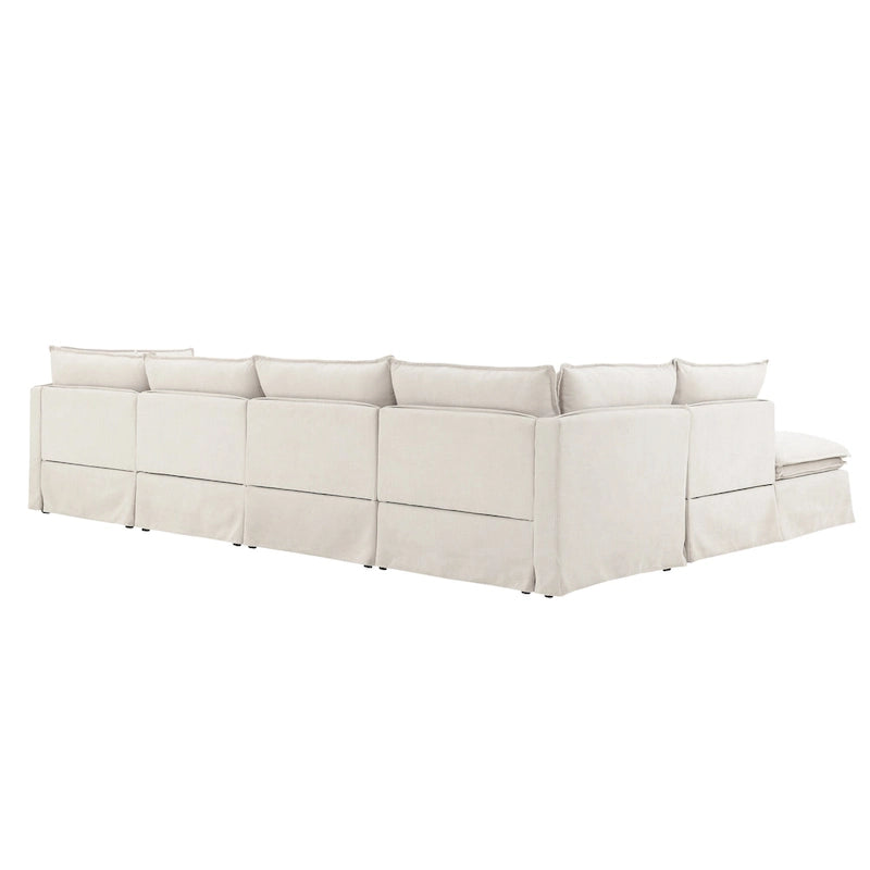 Canapé modulaire en L en tissu chenille avec pouf mobile