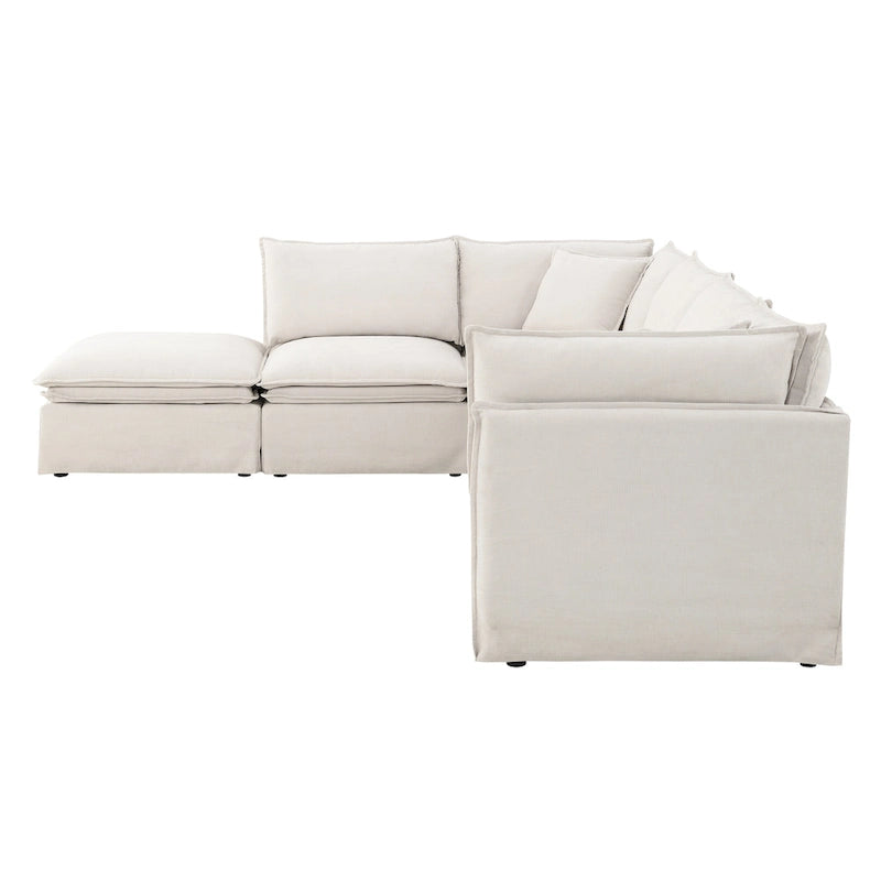Canapé modulaire en L en tissu chenille avec pouf mobile