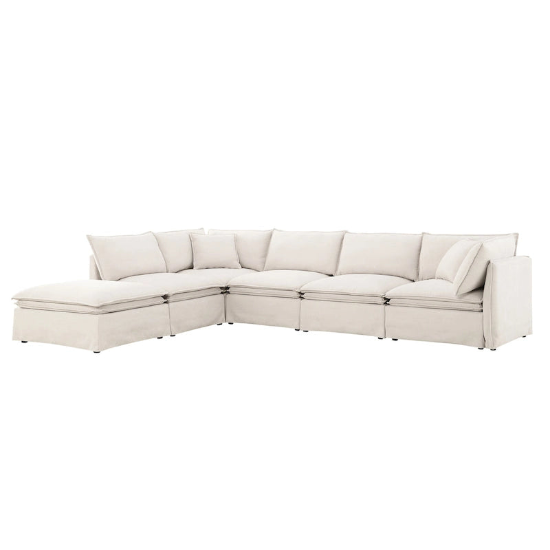 Canapé modulaire en L en tissu chenille avec pouf mobile