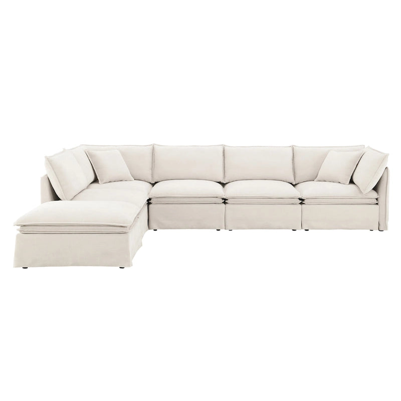 Canapé modulaire en L en tissu chenille avec pouf mobile