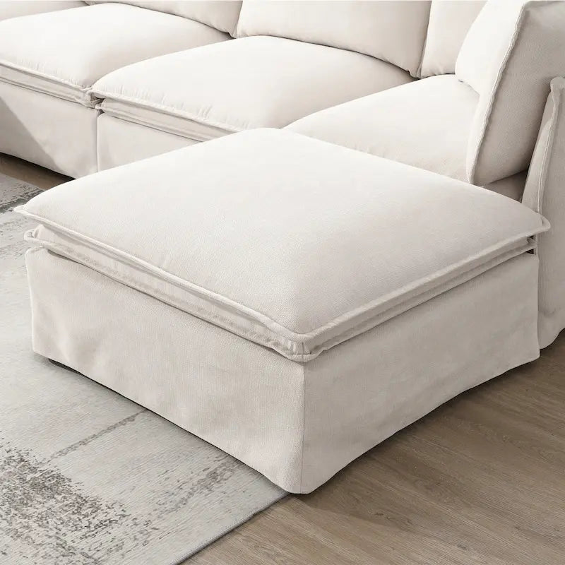 Canapé modulaire en L en tissu chenille avec pouf mobile