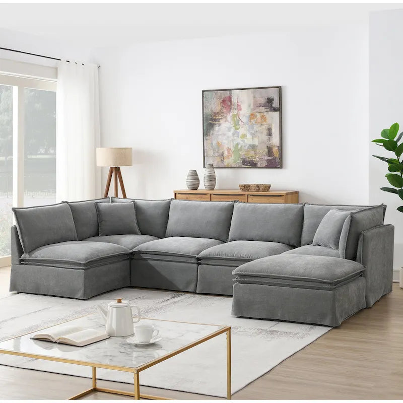 Canapé modulaire en L en tissu chenille avec pouf mobile