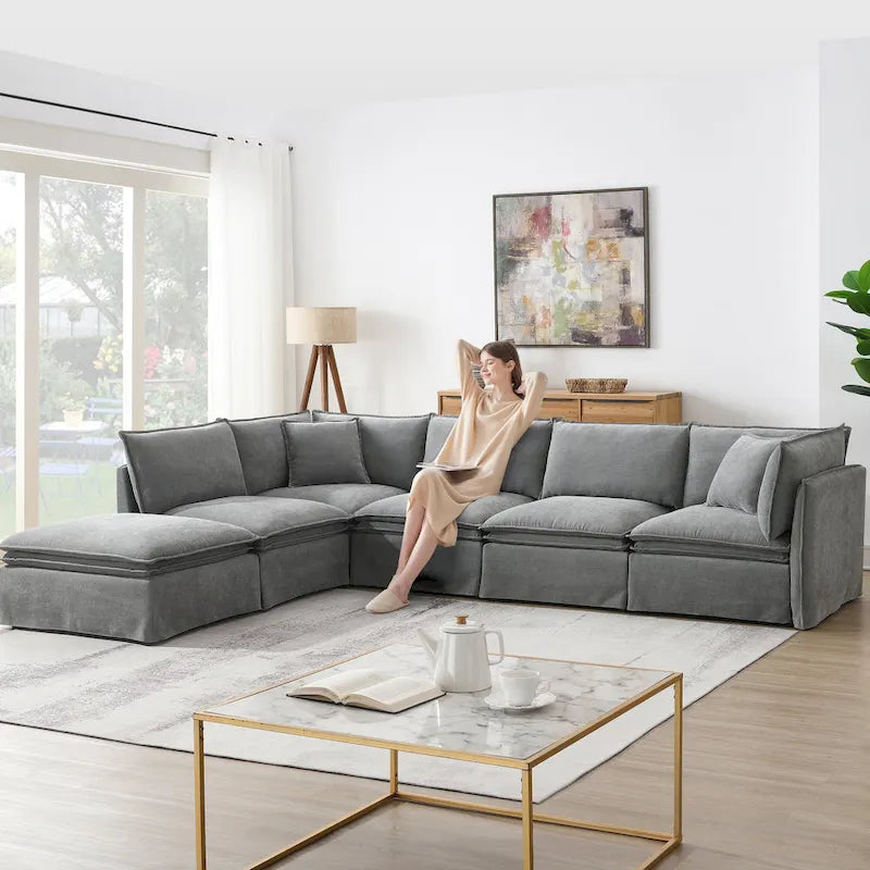Canapé modulaire en L en tissu chenille avec pouf mobile