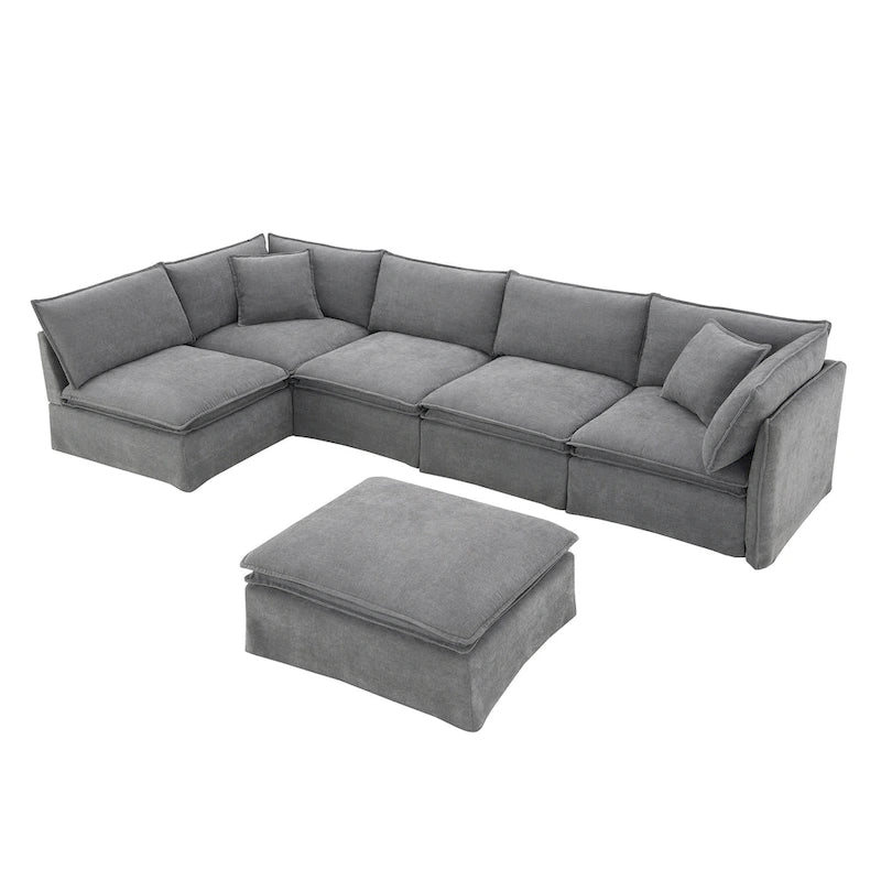 Canapé modulaire en L en tissu chenille avec pouf mobile