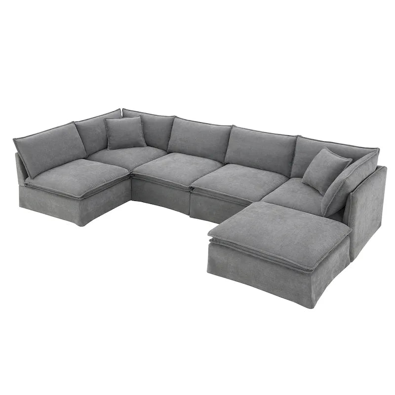 Canapé modulaire en L en tissu chenille avec pouf mobile