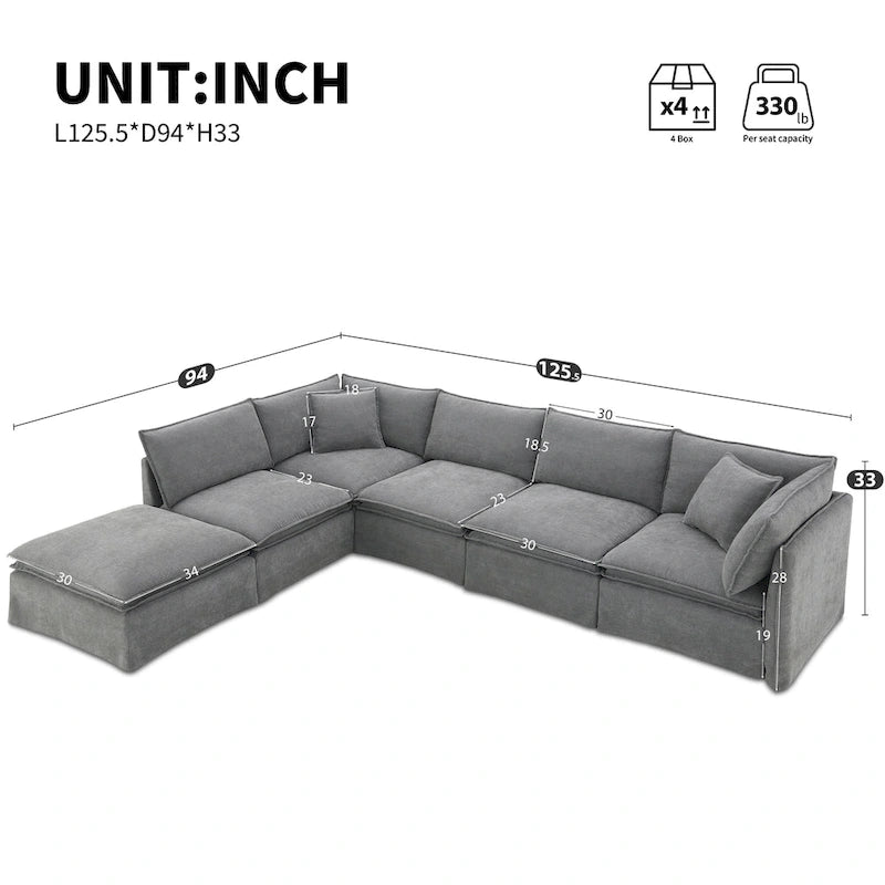 Canapé modulaire en L en tissu chenille avec pouf mobile