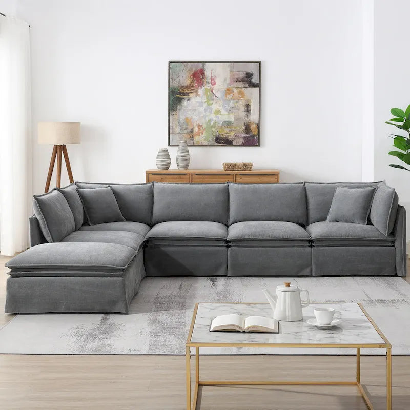 Canapé modulaire en L en tissu chenille avec pouf mobile