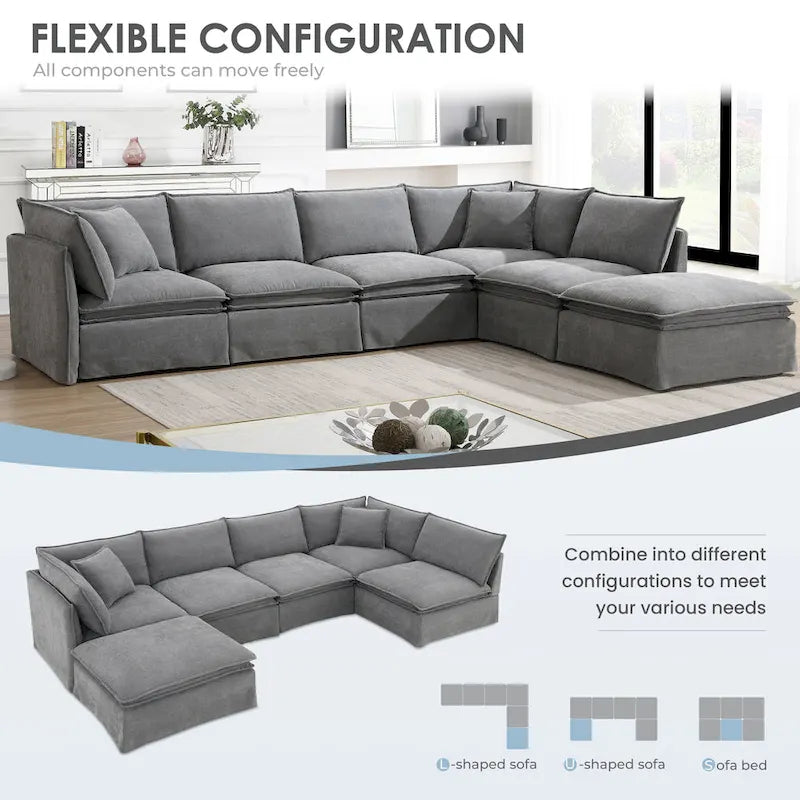 Canapé modulaire en L en tissu chenille avec pouf mobile