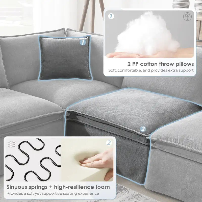 Canapé modulaire en L en tissu chenille avec pouf mobile