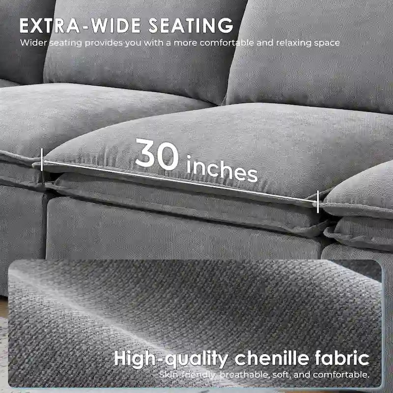 Canapé modulaire en L en tissu chenille avec pouf mobile