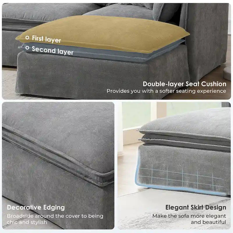 Canapé modulaire en L en tissu chenille avec pouf mobile