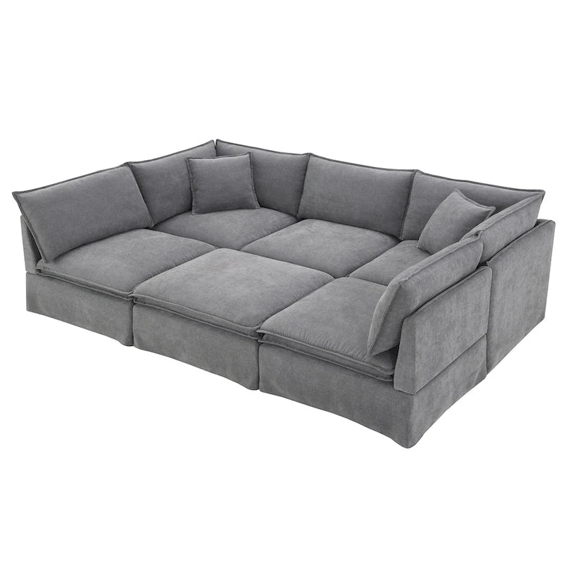 Canapé modulaire en L en tissu chenille avec pouf mobile