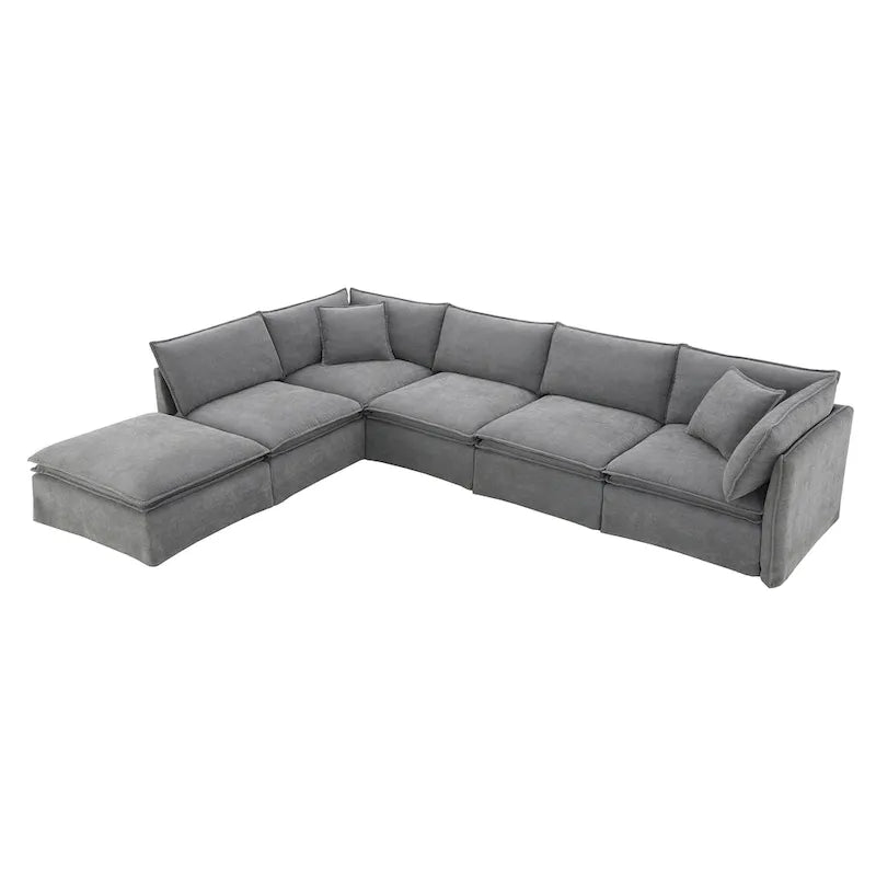 Canapé modulaire en L en tissu chenille avec pouf mobile