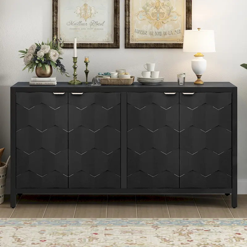 Buffet 4 portes avec portes à motif alvéolaire, meuble de rangement peint avec poignées métalliques vintage pour bureau