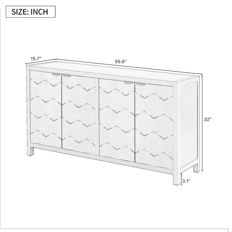 Buffet 4 portes avec portes à motif alvéolaire, meuble de rangement peint avec poignées métalliques vintage pour bureau