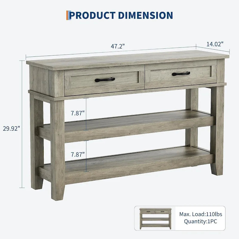 Console de ferme, Table d'entrée rustique avec 2 tiroirs et 2 étagères, Table de canapé en bois pour entrée/bureau