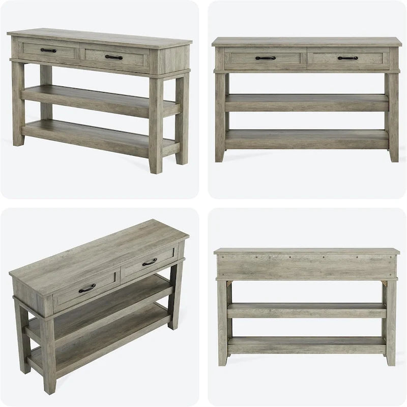 Console de ferme, Table d'entrée rustique avec 2 tiroirs et 2 étagères, Table de canapé en bois pour entrée/bureau