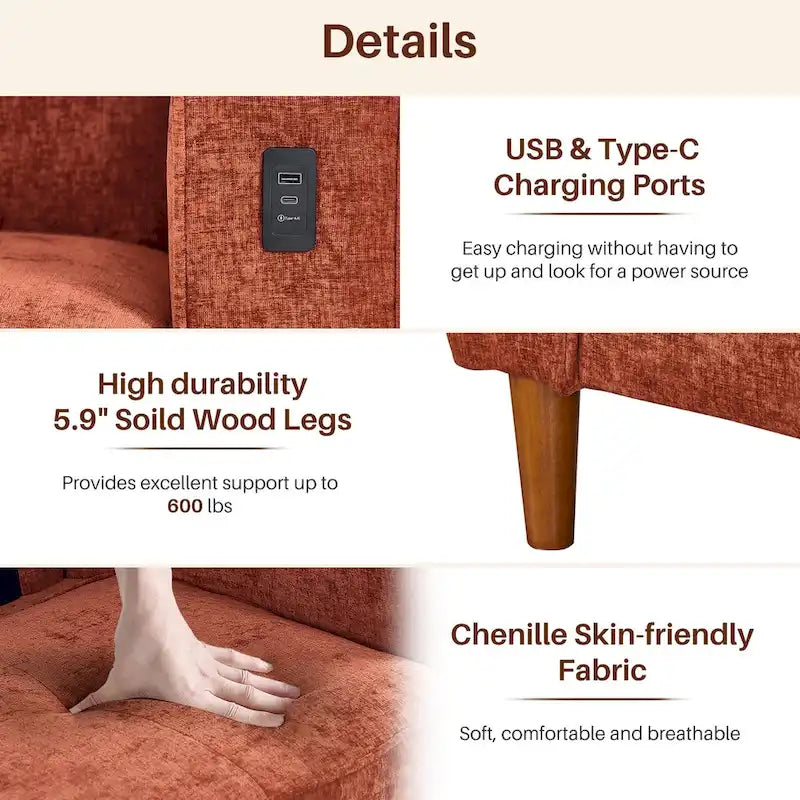 Canapé moderne 82,68 places en chenille avec ports USB pour salon