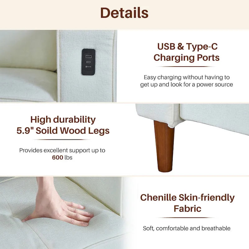 Canapé moderne 82,68 places en chenille avec ports USB pour salon