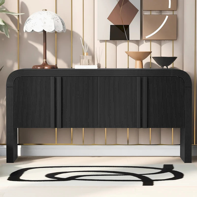 Buffet de rangement arqué avec 4 portes à rayures et étagères réglables, armoires d'entrée modernes avec pieds en pin