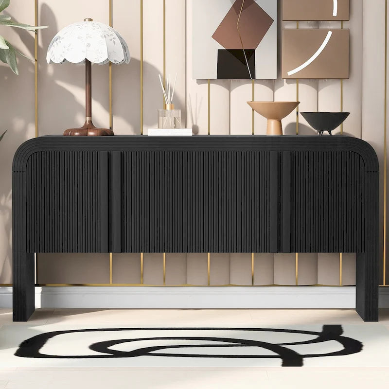 Buffet de rangement arqué avec 4 portes à rayures et étagères réglables, armoires d'entrée modernes avec pieds en pin
