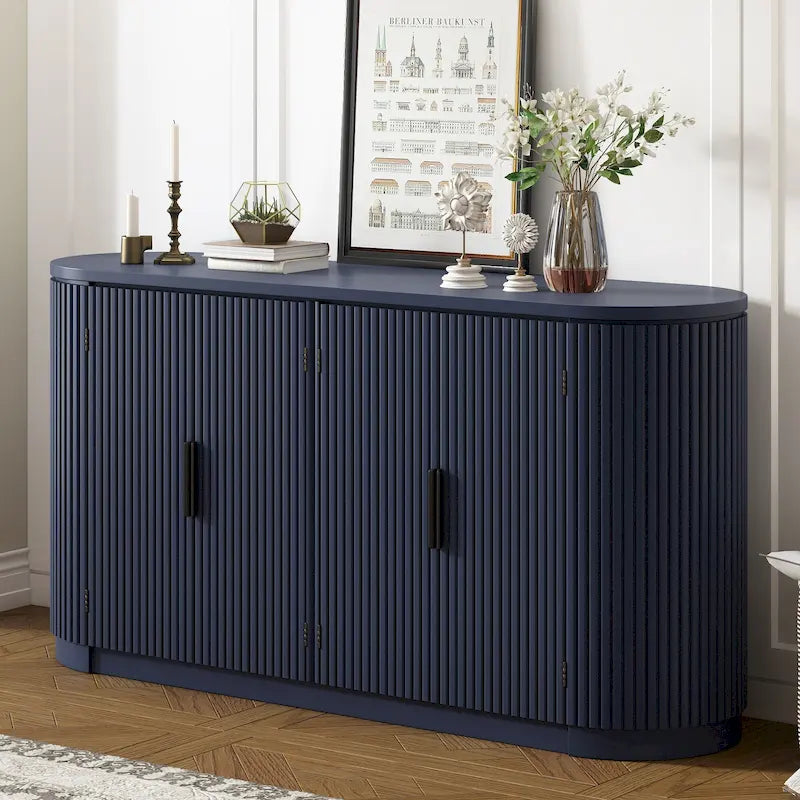 Meuble d'appoint avec 4 portes à rayures verticales et poignées métalliques, Buffet de rangement d'entrée avec étagères réglables