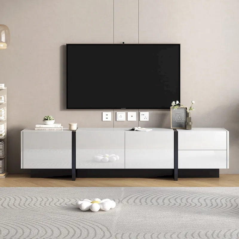 Meuble TV blanc de 74 po avec fini lustré et rangement, pour téléviseurs jusqu'à 80 po
