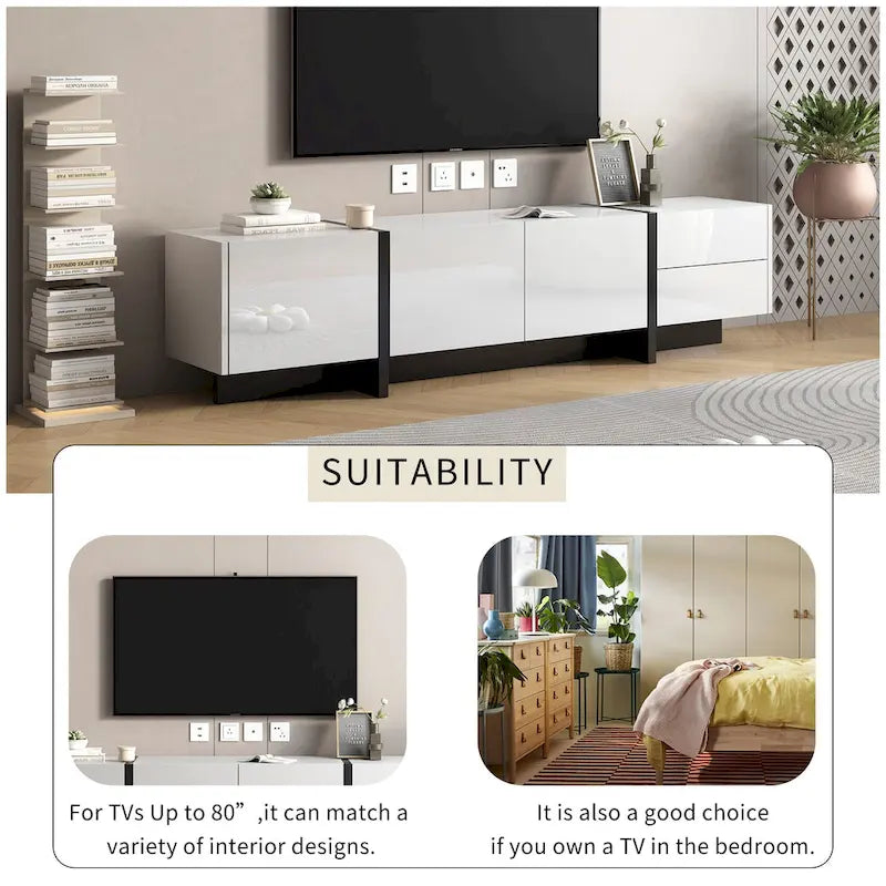 Meuble TV blanc de 74 po avec fini lustré et rangement, pour téléviseurs jusqu'à 80 po