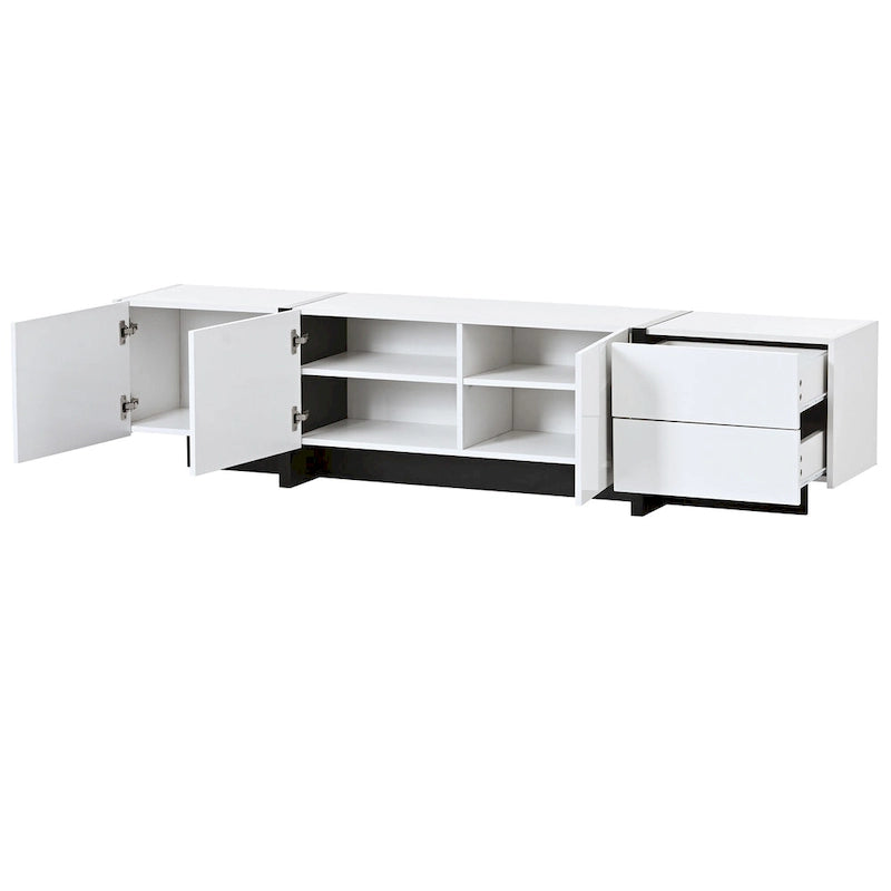 Meuble TV blanc de 74 po avec fini lustré et rangement, pour téléviseurs jusqu'à 80 po