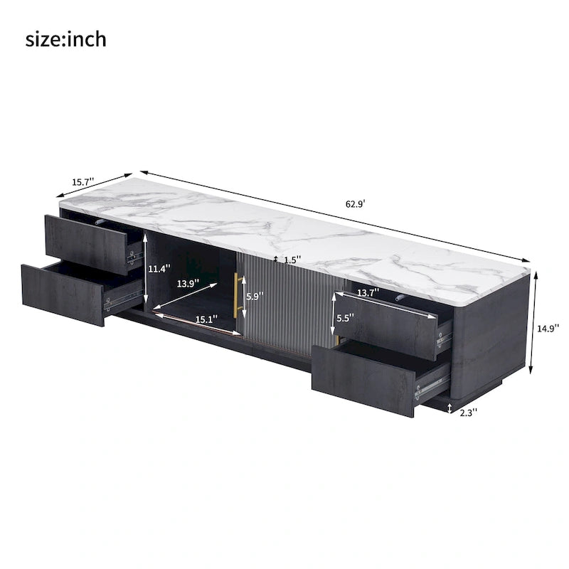 Meuble TV de 160 cm avec 4 tiroirs et grand meuble de rangement pour TV jusqu'à 70 pouces